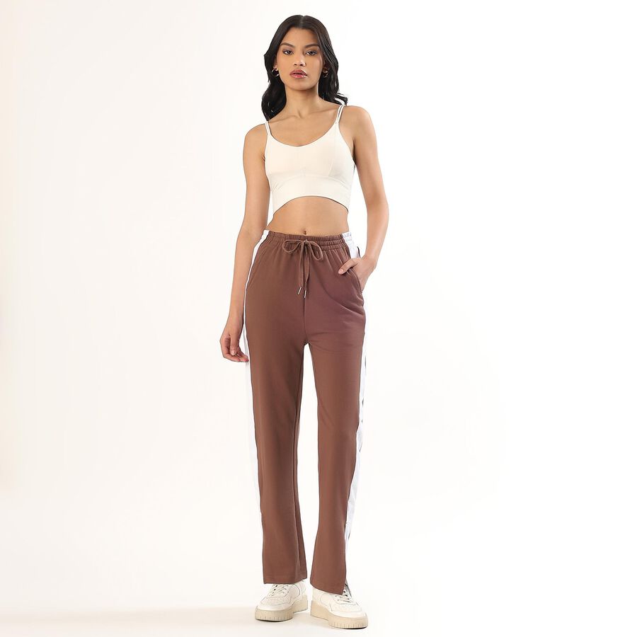 Women's Warm Mocha Brown Side-Striped Relaxed Fit Track Pants, Brown, large image number null