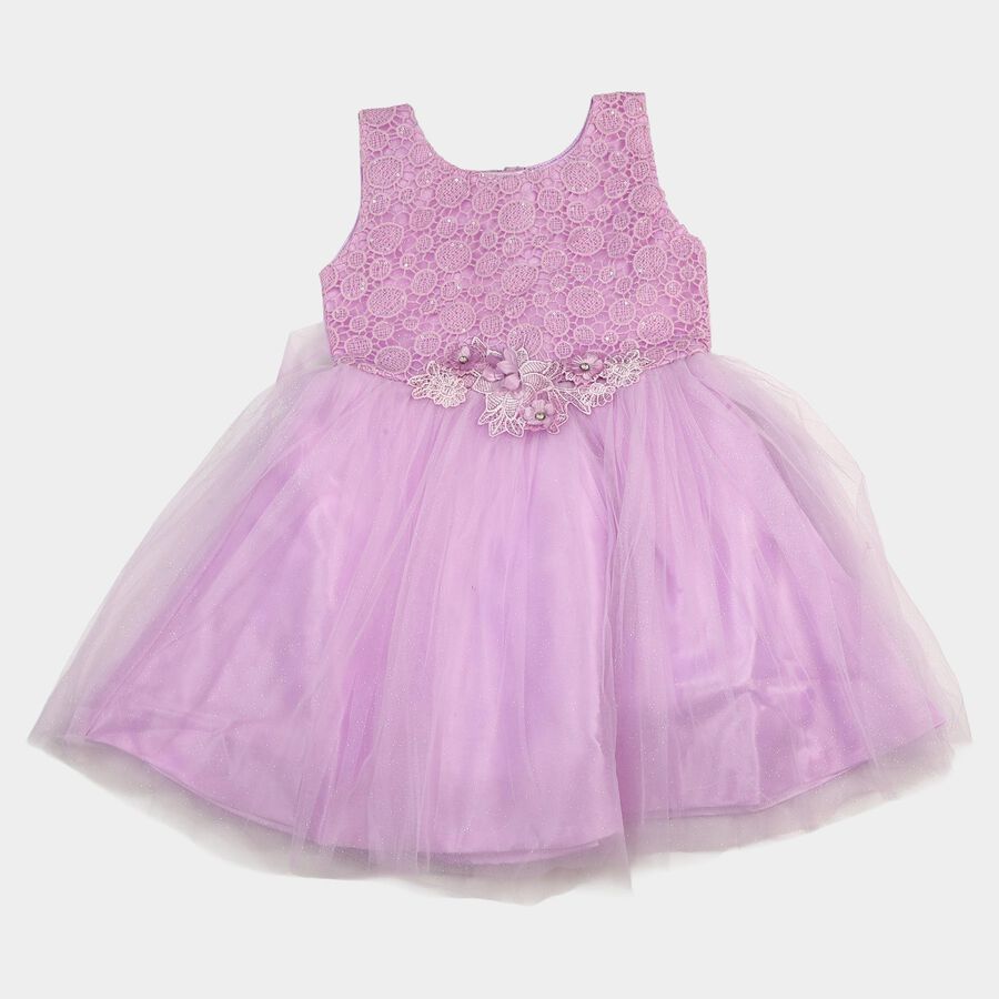 Girls' Lilac Sleeveless Lace Applique Fit and Flare Frock, लाइलेक, large
