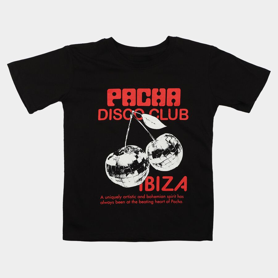 Girls Black Round Neck Regular Graphic Print T-Shirt, काला, large