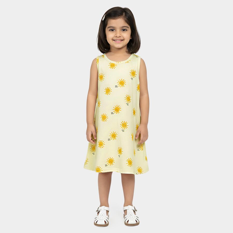 Girls' Yellow A-Line Sun Printed Sleeveless Frock, Yellow, large