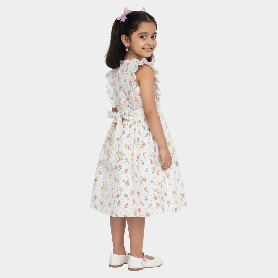 Girls' Soft White Floral Printed Sleeveless Frock, Off White, large