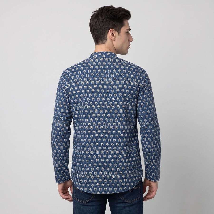 Men's Navy Blue Cotton Mandarin Collar Floral Printed Kurta, गहरा नीला, large