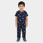 Boys Navy Blue Cotton Round Neck Graphic Printed Night Suit, नेवी ब्लू, small