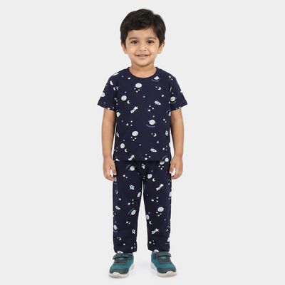 Boys Navy Blue Cotton Round Neck Graphic Printed Night Suit