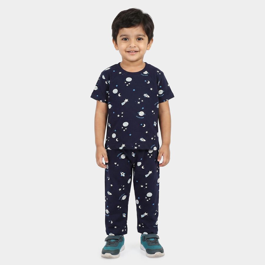 Boys Navy Blue Cotton Round Neck Graphic Printed Night Suit, नेवी ब्लू, large