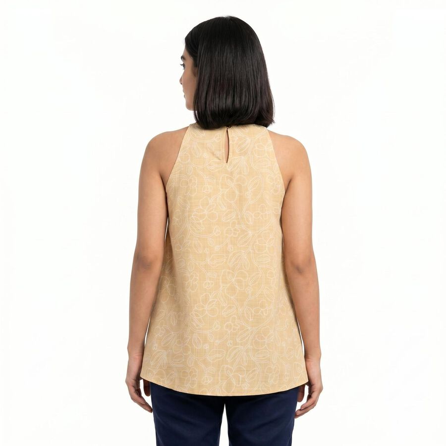 Women's Beige Cotton Halter Neck Floral Printed A-Line Kurti, गहरा पीला, large