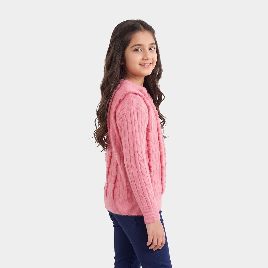 Girls' Pink Crew Neck Cable Knit Pullover, Light Pink, large