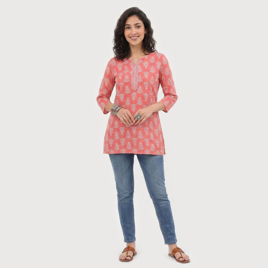 Women's Pink Notch Neck Floral Printed Kurti, Pink, large