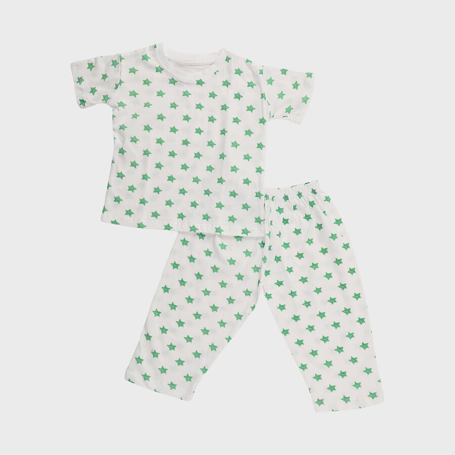 Boys White Cotton Round Neck Star Printed Night Suit, सफ़ेद, large