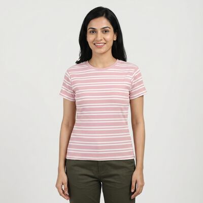 Women Lilac Cotton Blend Round Neck Casual T-Shirt