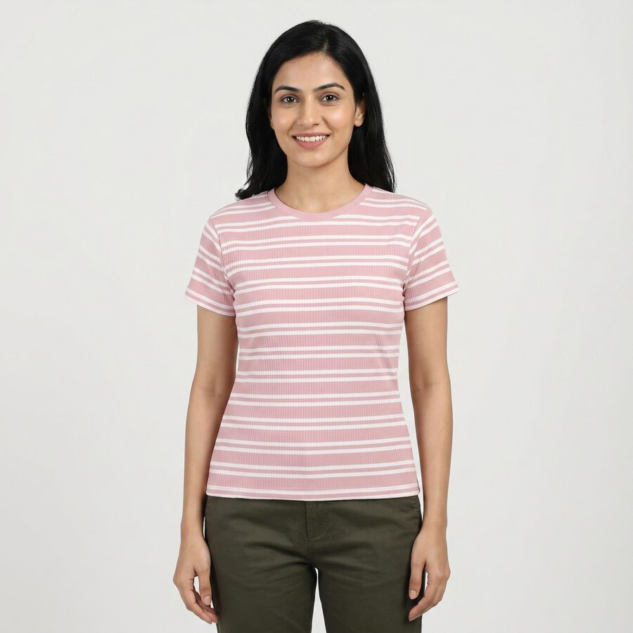 Women Lilac Cotton Blend Round Neck Casual T-Shirt, Lilac, large