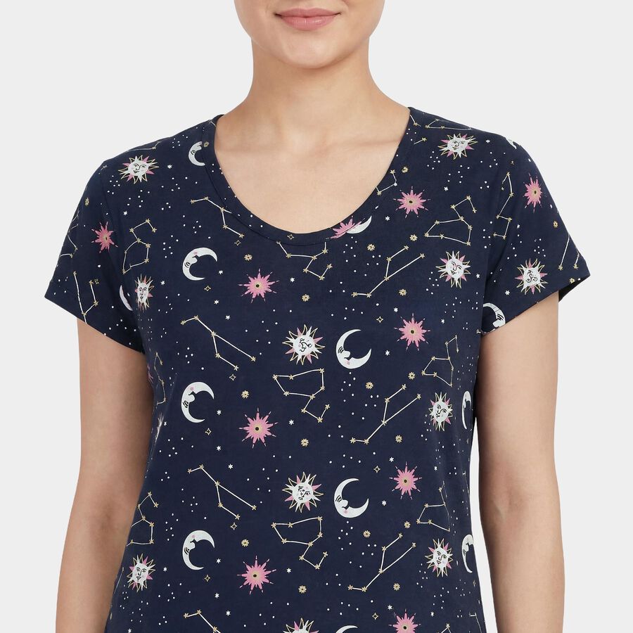 Women's Navy Blue Cotton Round Neck Floral Print Nighty, Navy Blue, large