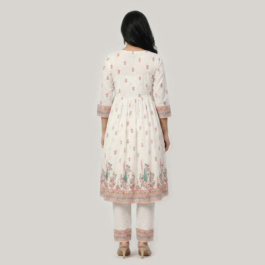 Women's White V-Neck Printed Flared Kurta, Off White, large