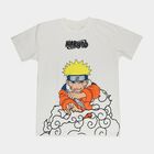 Boys' White Cotton Round Neck Casual T-Shirt, ऑफ व्हाइट, small