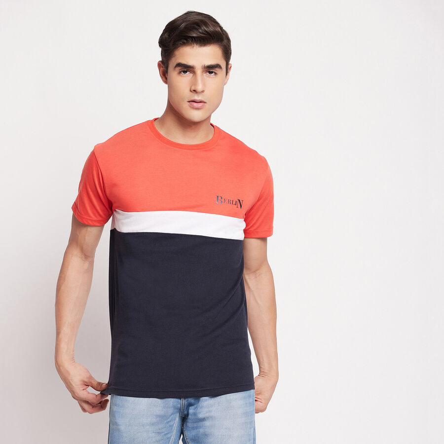 Cut & Sew Round Neck T-Shirt, Coral, large image number null