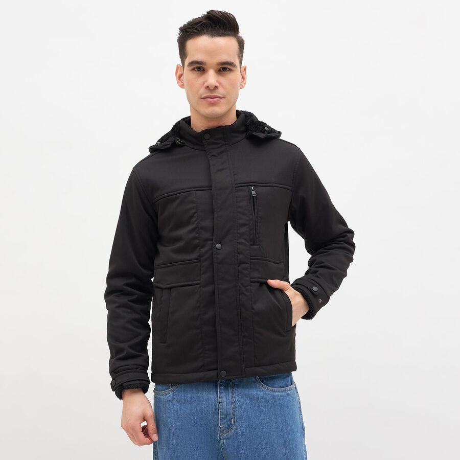 Men's Jet Black Hooded Casual Jacket, काला, large image number null