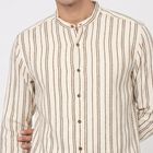Men's Beige Cotton Long Sleeve Mandarin Collar Regular Fit Shirt, Beige, small