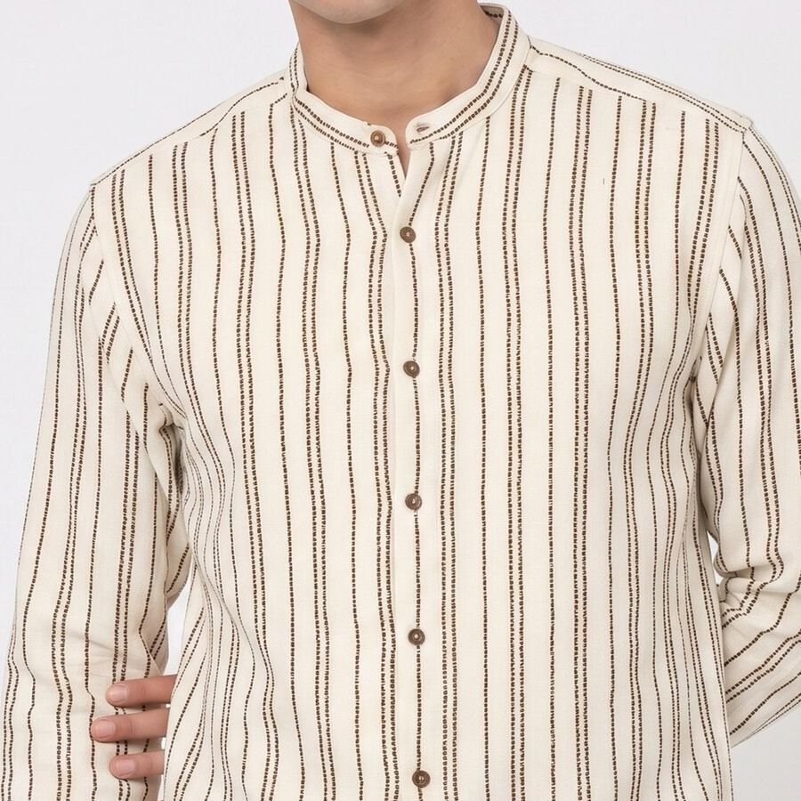 Men's Beige Cotton Long Sleeve Mandarin Collar Regular Fit Shirt, Beige, large