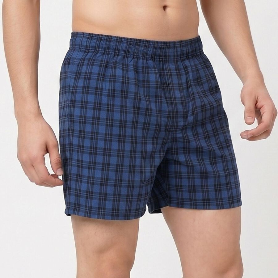 Men's Navy Blue Relaxed Fit Checked Boxers, Dark Blue, large