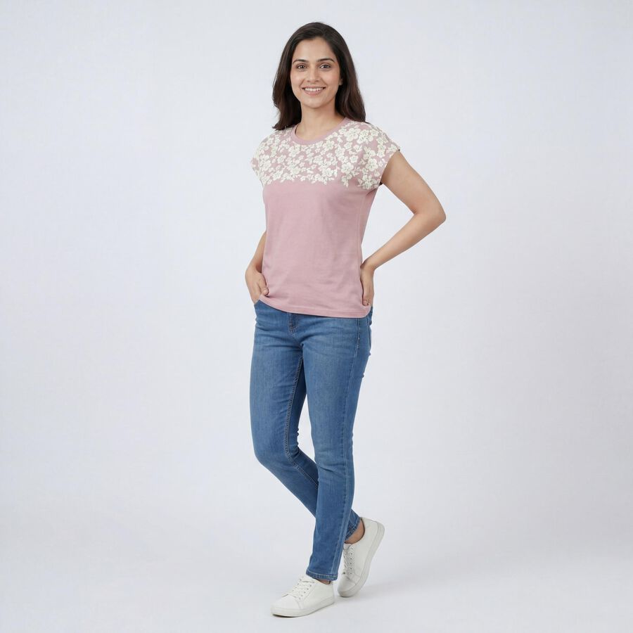 Women Lilac Round Neck Casual T-Shirt, Lilac, large