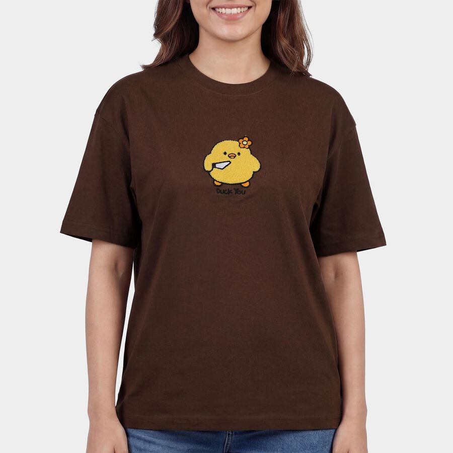 Women's Brown Cotton Round Neck Casual T-Shirt, Brown, large
