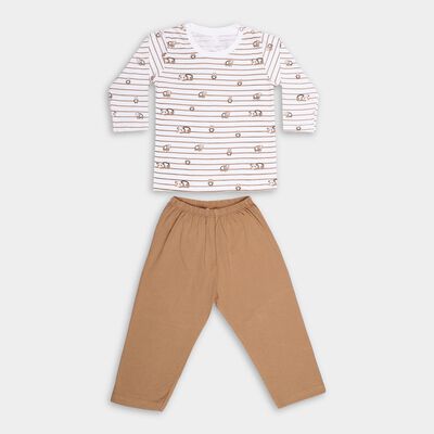 Infants' Beige Cotton Round Neck Panda Printed Baba Suit