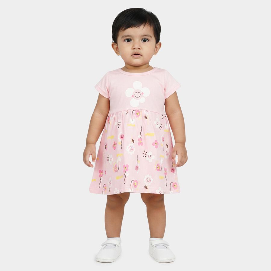 Infants' Pink Floral Printed Fit and Flare Frock, हल्का गुलाबी, large