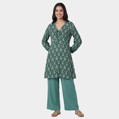 Women's Mint Green Mandarin Collar Notch Neck Embroidered Straight Kurta