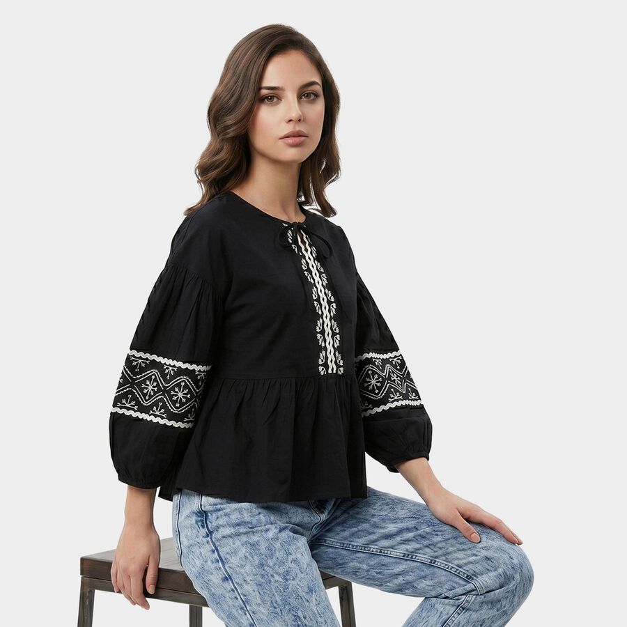 Women Black Round Neck Regular Fit Shirt, काला, large
