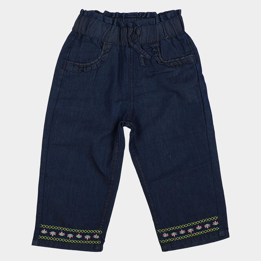 Girls' Navy Blue Straight Fit Embroidered Jeans, गहरा नीला, large