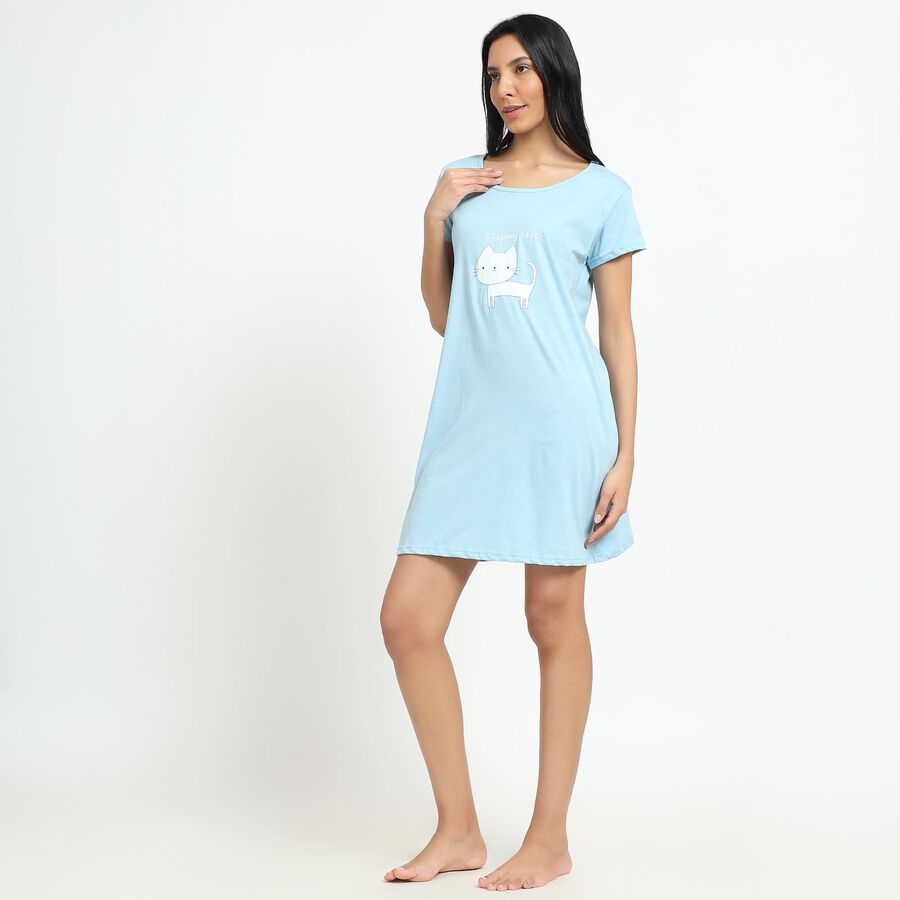 Women's Light Blue Round Neck Casual Nighty, Light Blue, large image number null