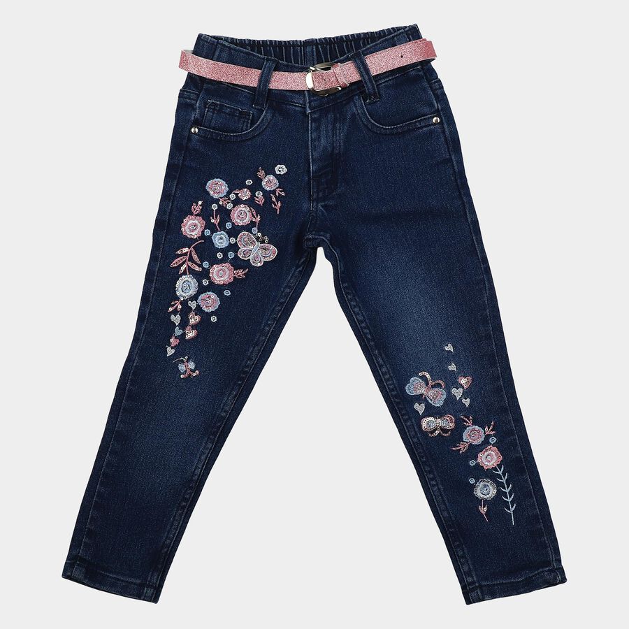 Girls' Navy Blue Slim Fit Embroidered Jeans, गहरा नीला, large