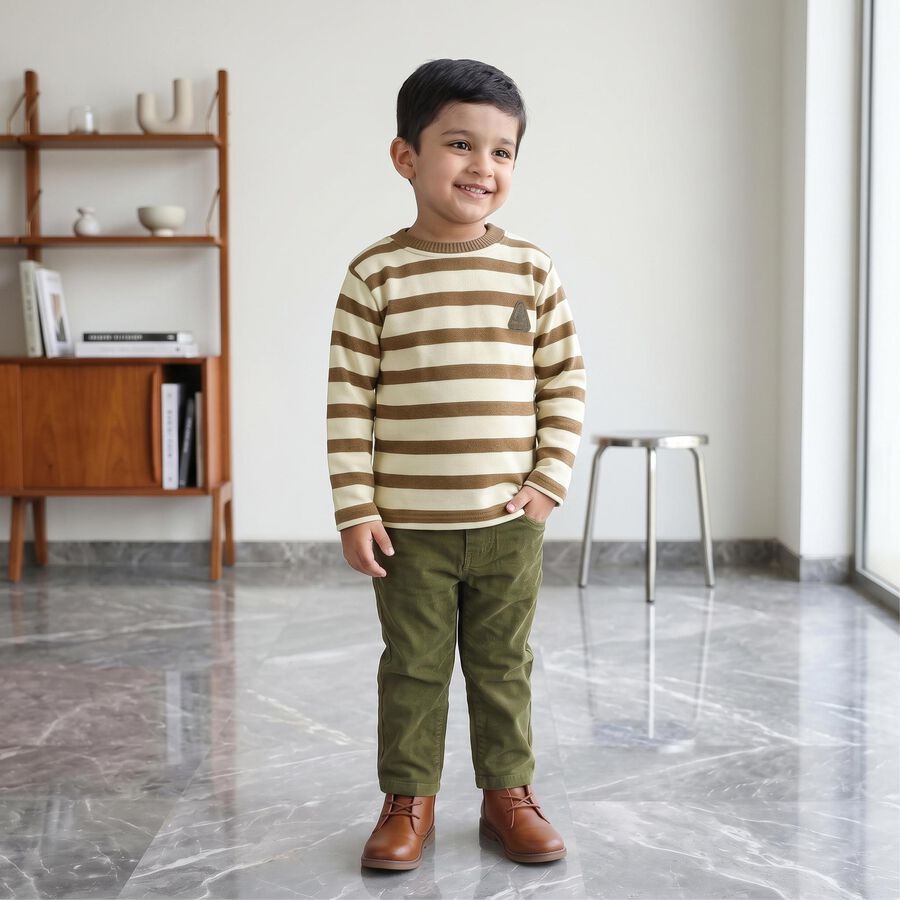Boys' Brown Crew Neck Striped Pullover, Brown, large