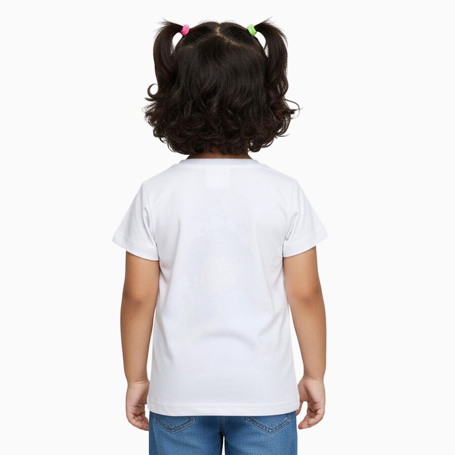 Girls White Cotton Round Neck Cartoon Printed T-Shirt, White, large