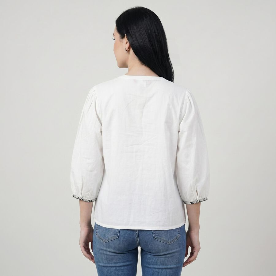 Women's White Cotton Round Neck Embroidered Top, सफ़ेद, large