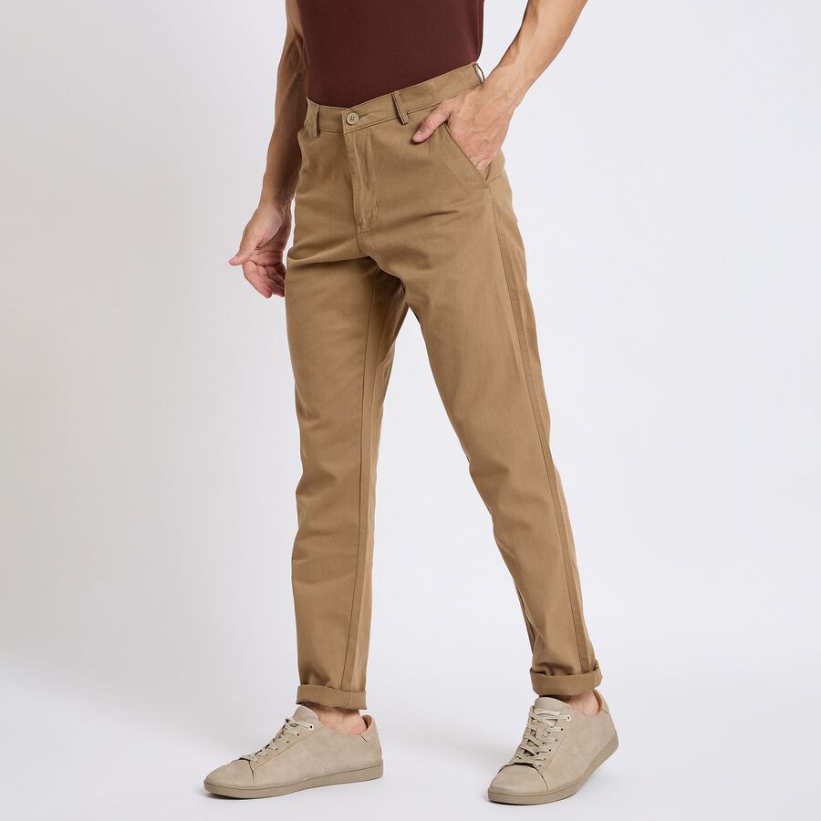 Men's 100% Cotton Slim Fit Casual Trousers , खाकी, large