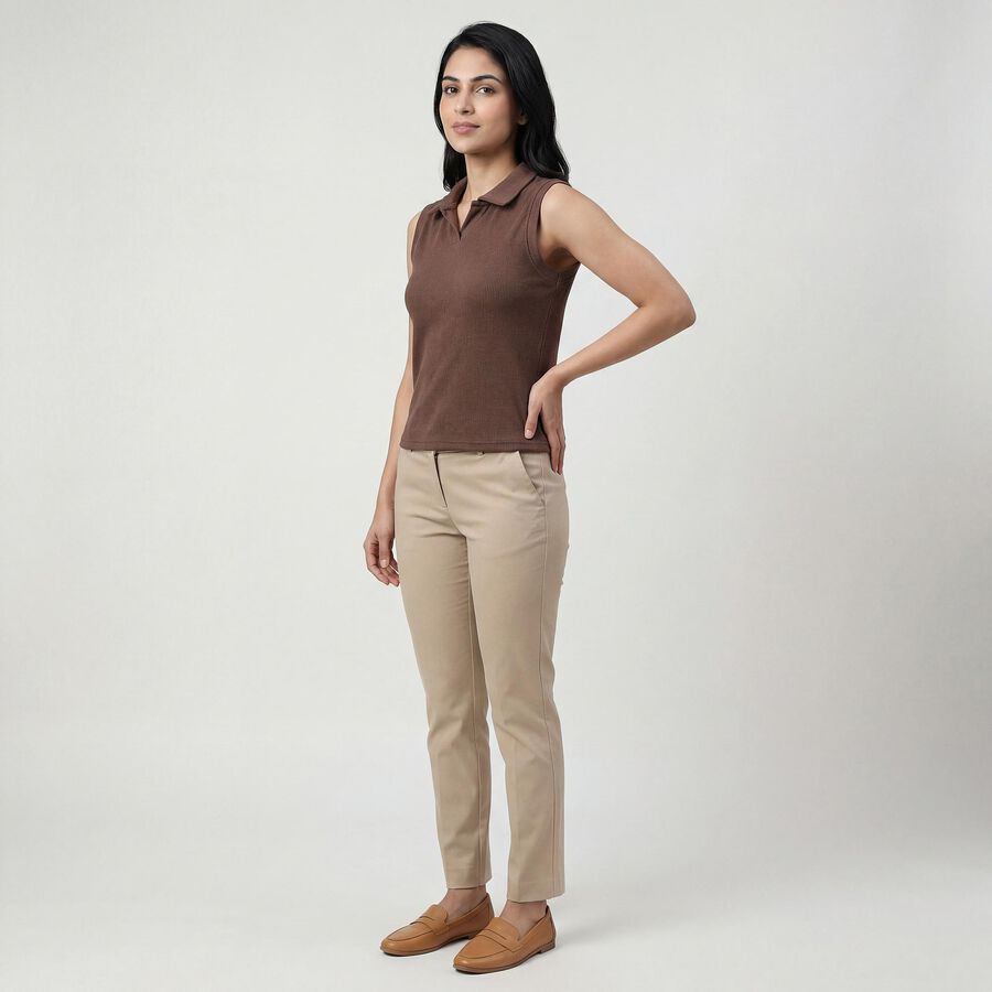 Women's Brown Polo Collar Casual T-Shirt, Brown, large