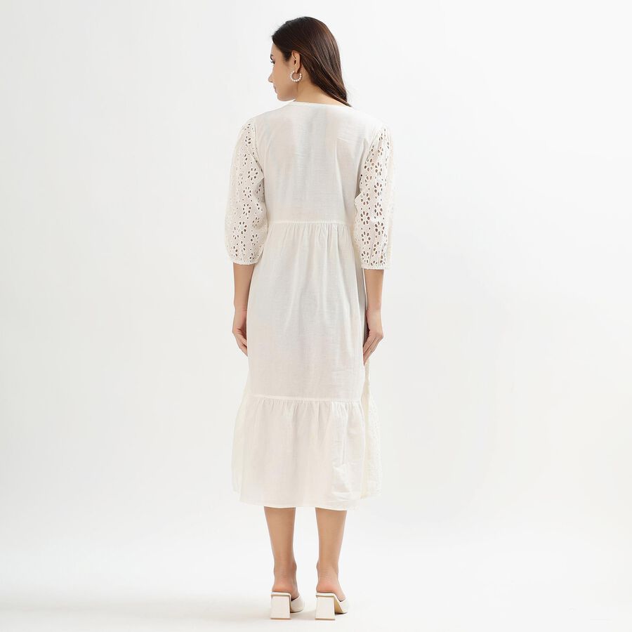 Ladies' Soft Ivory White Cotton V-Neck Empire Dress, ऑफ व्हाइट, large image number null