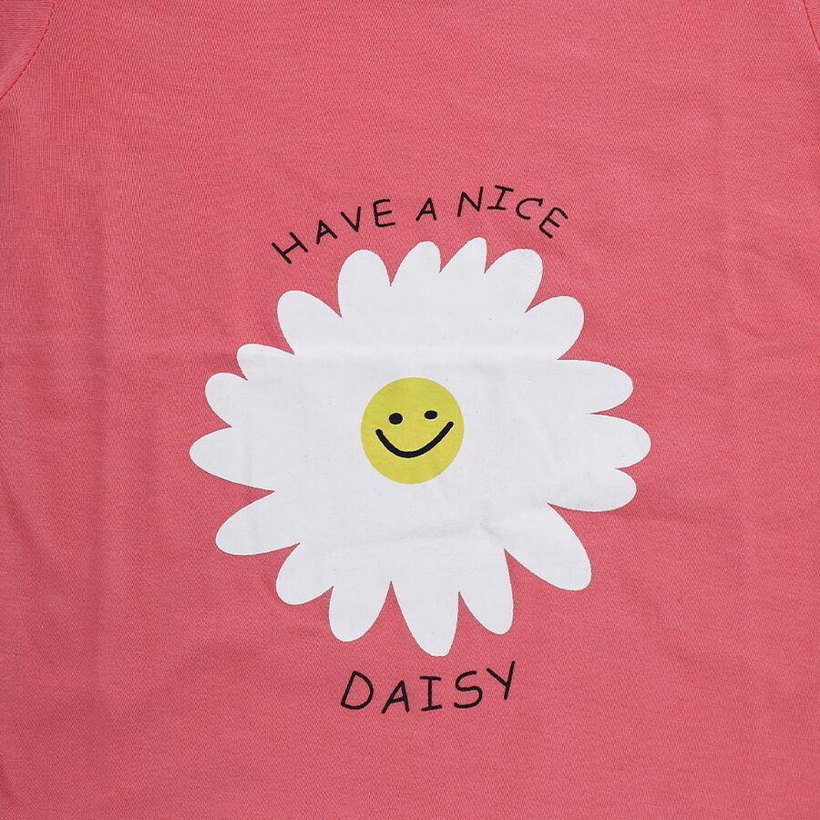 Girls' Bright Coral Pink Cotton Blend Round Neck Casual T-Shirt, मूँगा (कोरल), large