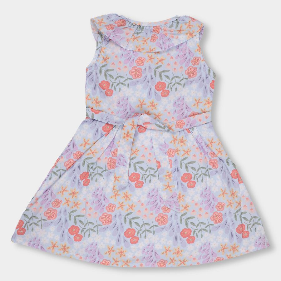 Girls' Light Lavender Floral Printed Sleeveless Flared Frock, Light Blue, large image number null