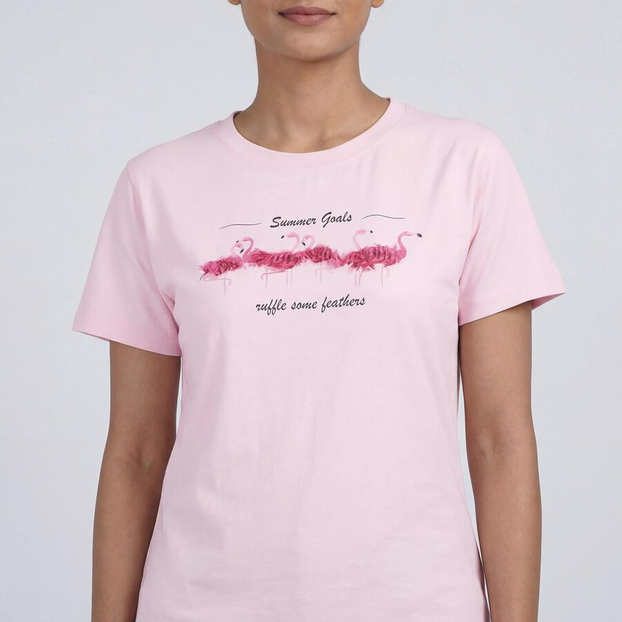 Women's Pink Cotton Round Neck Casual T-Shirt, हल्का गुलाबी, large