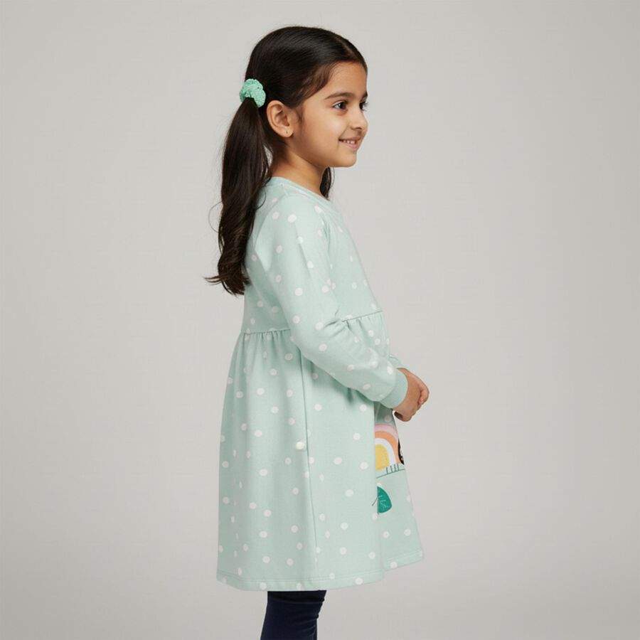 Girls' Mint Green Polka Dot Long Sleeve Frock, हल्का हरा, large image number null