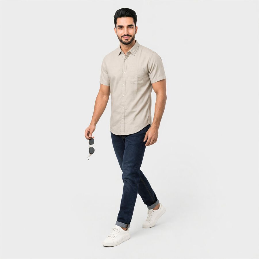Men's Grey Spread Collar Regular Fit Shirt, Light Grey, large