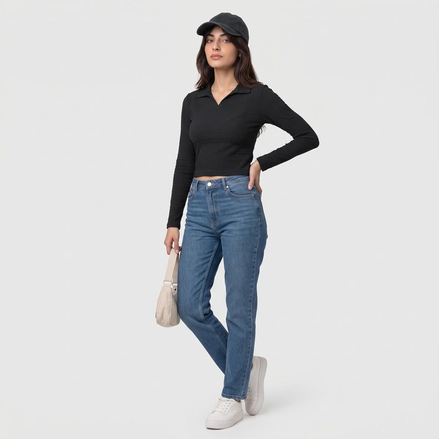 Women's Black Polo Collar Crop Top, काला, large