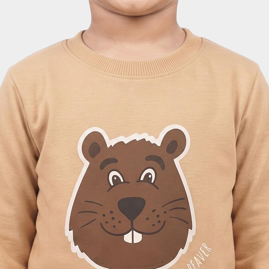 Boys Beige Round Neck Graphic Print Baba Suit, गहरा पीला, large