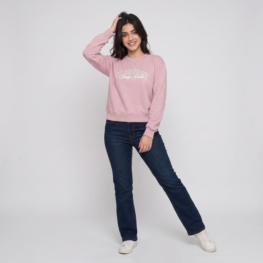 Women's Lilac Crew Neck Graphic Print Pullover Sweatshirt, लाइलेक, large