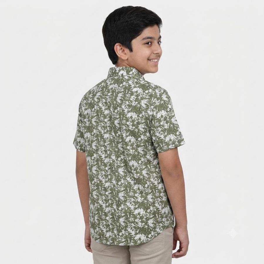 Boys Olive Green Cotton Short Sleeves Collar Regular Fit Shirt, Olive, large
