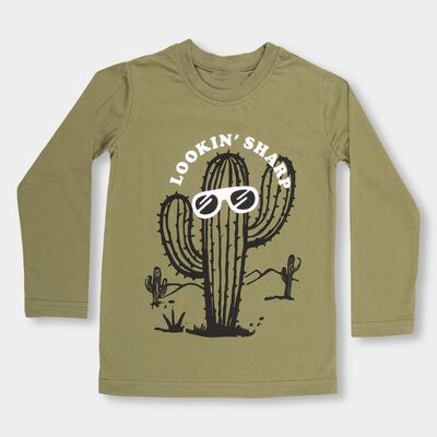 Boys' Muted Olive Green Round Neck Casual T-Shirt