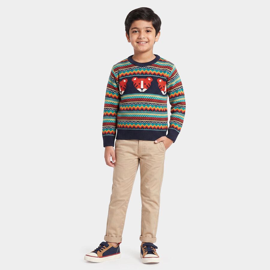 Boys' Navy Blue Crew Neck Printed Pullover, नेवी ब्लू, large