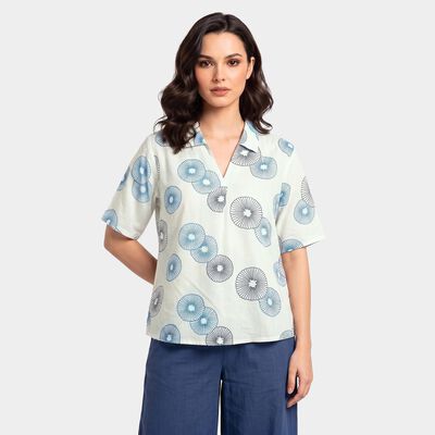 Women's Light Blue V-Neck Printed Kurti